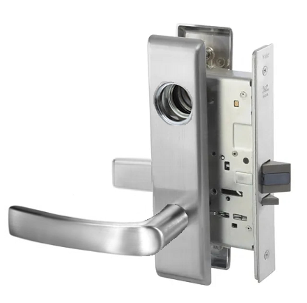 MOCN8867FL-626-LC Yale 8800FL Series Less Cylinder with Deadbolt Mortise Dormitory or Exit Lock with Indicator with Monroe Lever in Satin Chrome