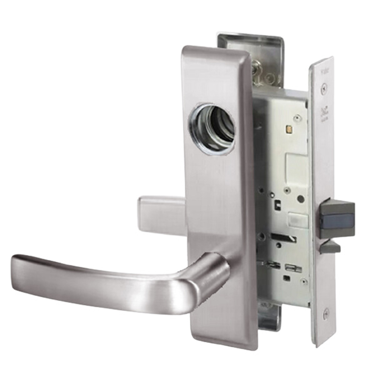 MOCN8867FL-630-LC Yale 8800FL Series Less Cylinder with Deadbolt Mortise Dormitory or Exit Lock with Indicator with Monroe Lever in Satin Stainless Steel