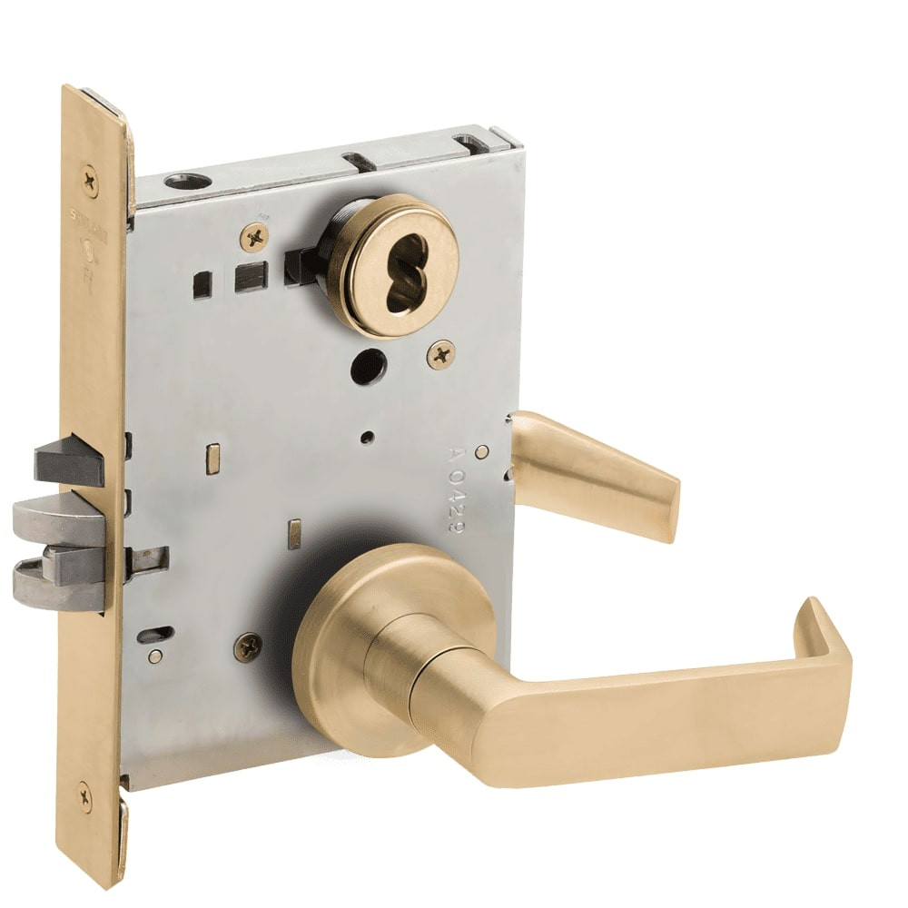 L9080J-06A-606-RX Schlage L Series Storeroom Commercial - Request to Exit Mortise Lock with 06 Cast Lever Design Prepped for FSIC in Satin Brass