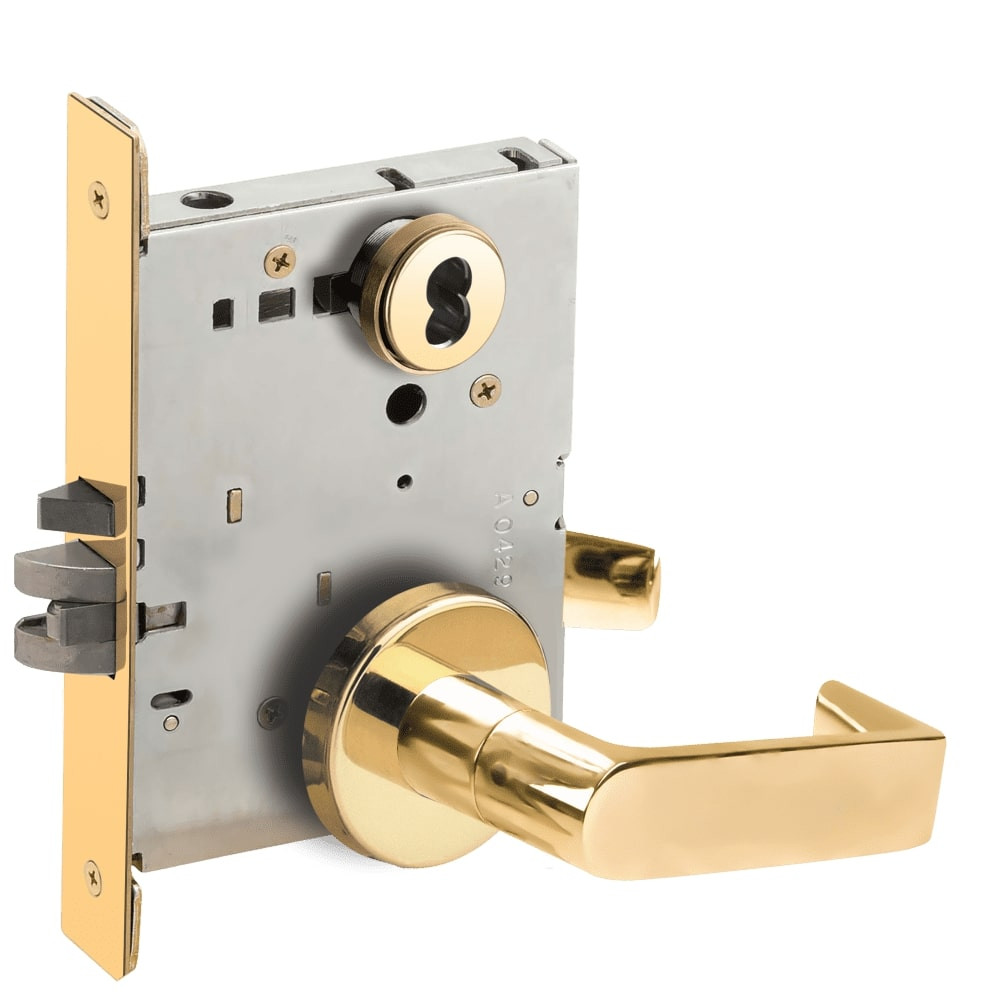 L9080J-06B-605-RX Schlage L Series Storeroom Commercial - Request to Exit Mortise Lock with 06 Cast Lever Design Prepped for FSIC in Bright Brass