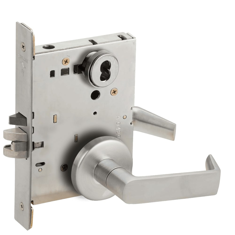 L9080J-06B-630-RX Schlage L Series Storeroom Commercial - Request to Exit Mortise Lock with 06 Cast Lever Design Prepped for FSIC in Satin Stainless Steel
