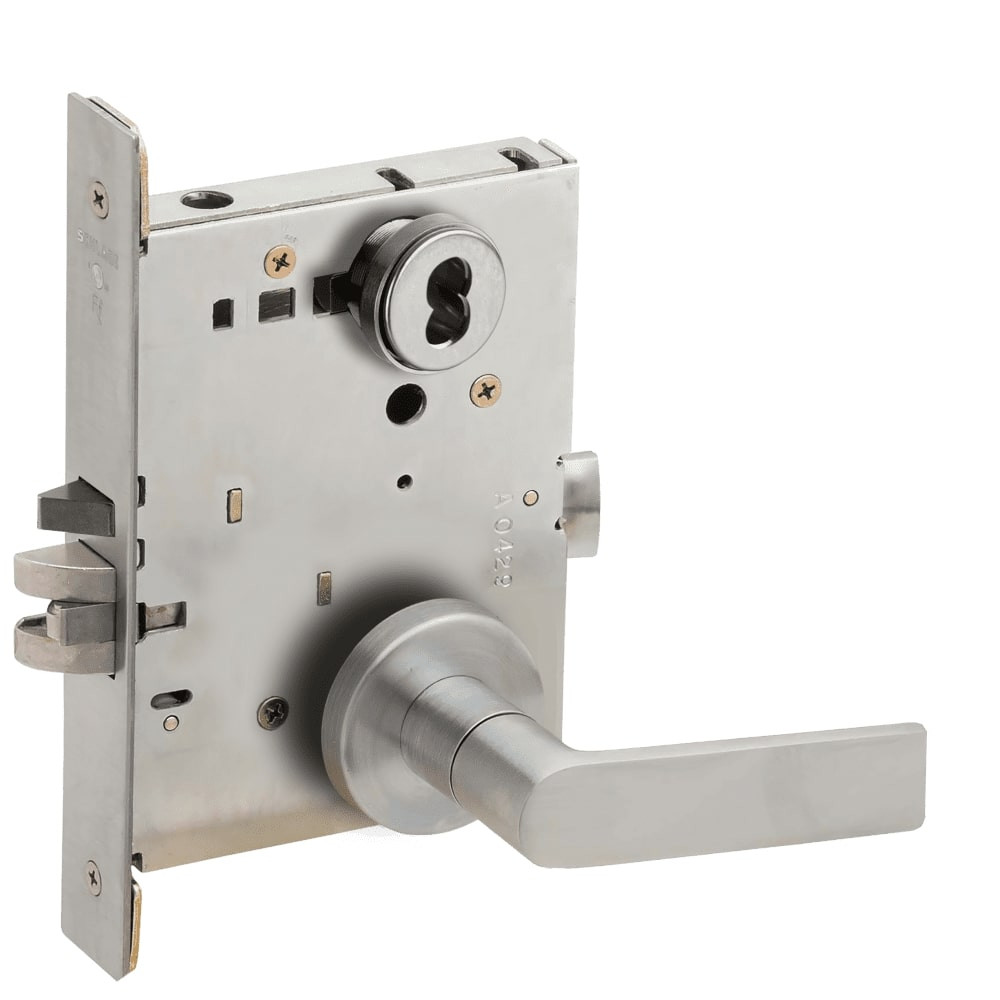 L9080J-01A-630-LX Schlage L Series Storeroom Commercial - Latchbolt Monitor Mortise Lock with 01 Cast Lever Design Prepped for FSIC in Satin Stainless Steel