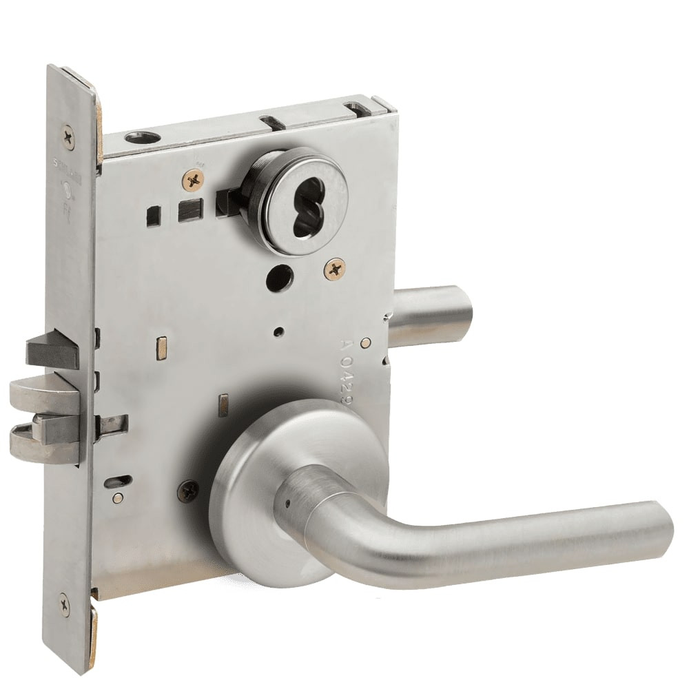 L9080J-02B-630-LX Schlage L Series Storeroom Commercial - Latchbolt Monitor Mortise Lock with 02 Cast Lever Design Prepped for FSIC in Satin Stainless Steel