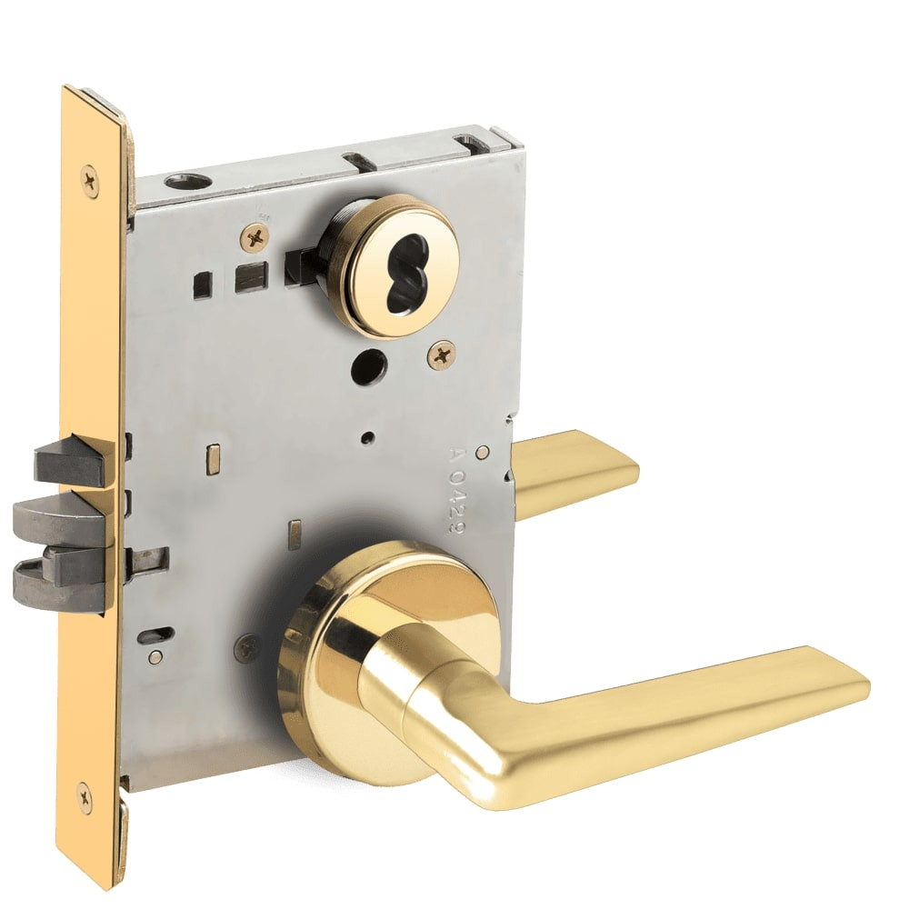 L9080J-05B-605-LX Schlage L Series Storeroom Commercial - Latchbolt Monitor Mortise Lock with 05 Cast Lever Design Prepped for FSIC in Bright Brass