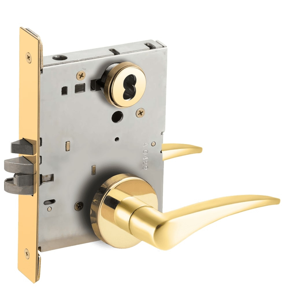 L9080J-12A-605-RH-RX Schlage L Series Storeroom Commercial - Request to Exit Mortise Lock with 12 Cast Lever Design Prepped for FSIC in Bright Brass