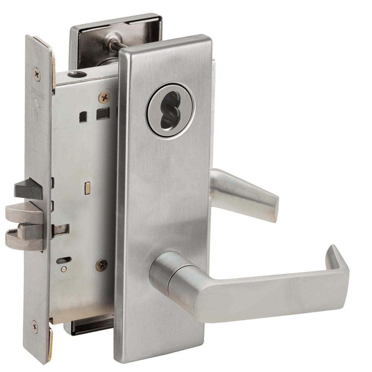 L9080J-06N-630-RX Schlage L Series Storeroom Commercial - Request to Exit Mortise Lock with 06 Cast Lever Design Prepped for FSIC in Satin Stainless Steel