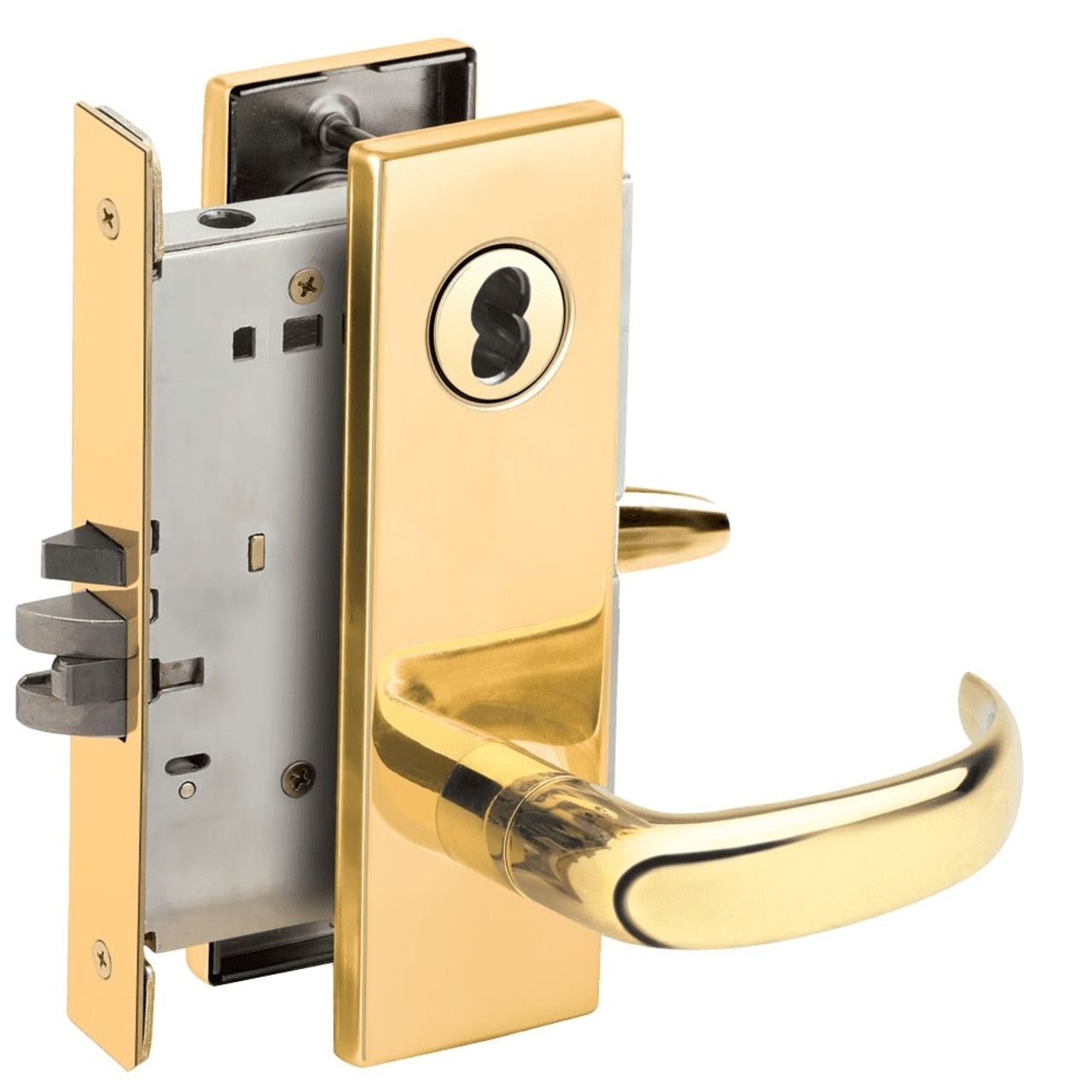 L9080J-17N-605-RX Schlage L Series Storeroom Commercial - Request to Exit Mortise Lock with 17 Cast Lever Design Prepped for FSIC in Bright Brass