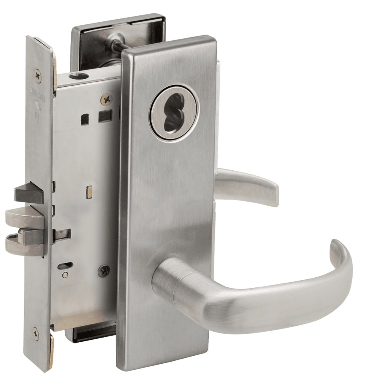 L9080J-17N-630-RX Schlage L Series Storeroom Commercial - Request to Exit Mortise Lock with 17 Cast Lever Design Prepped for FSIC in Satin Stainless Steel