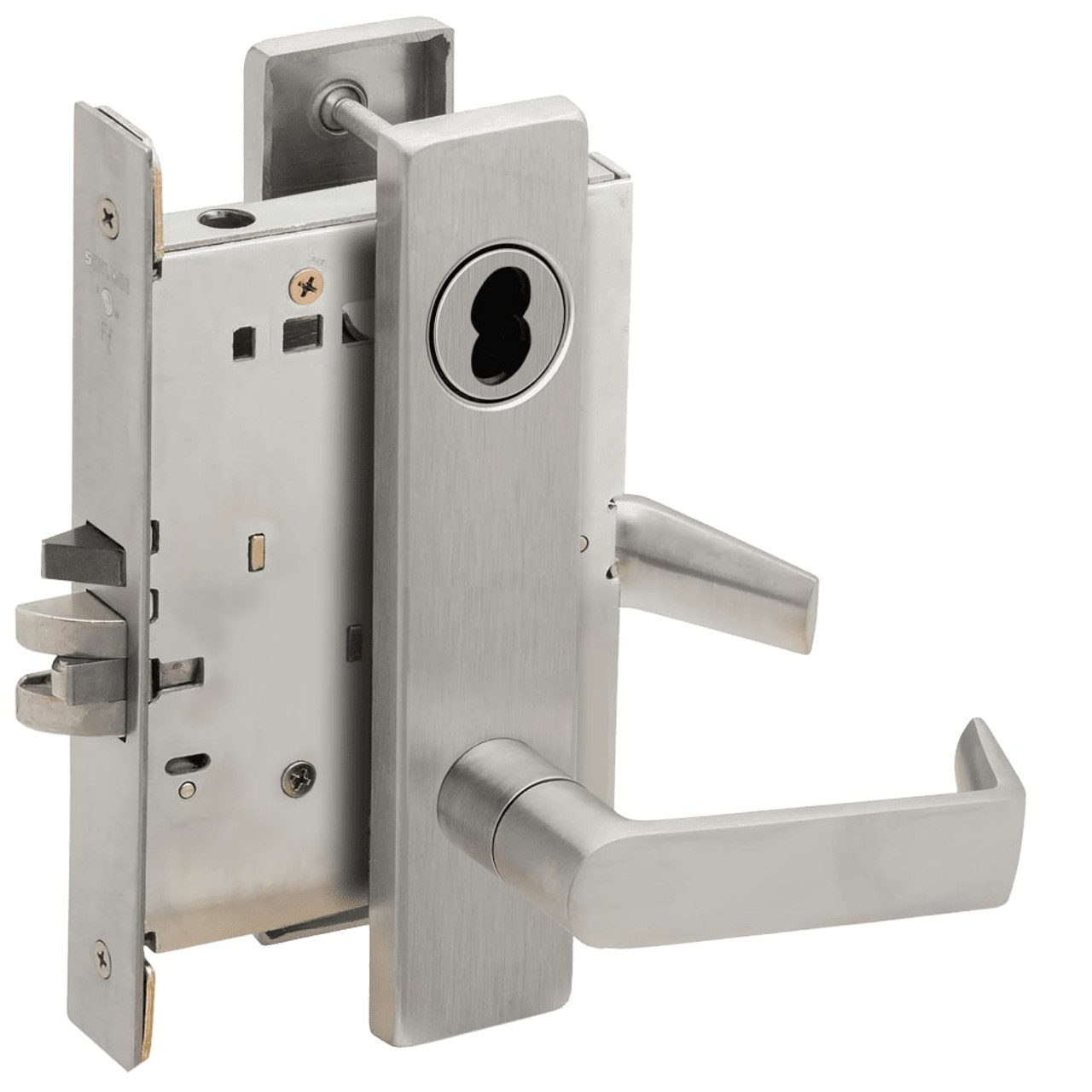 L9080J-06L-630-RX Schlage L Series Storeroom Commercial - Request to Exit Mortise Lock with 06 Cast Lever Design Prepped for FSIC in Satin Stainless Steel