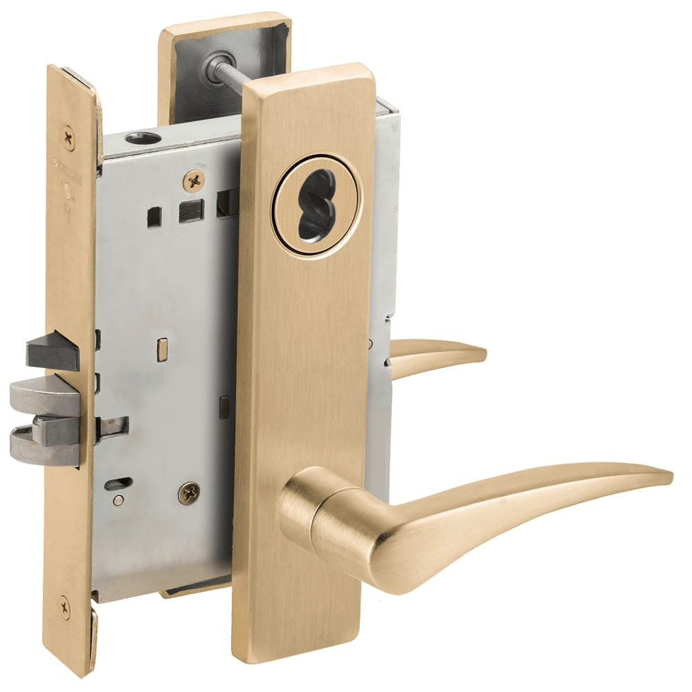L9080J-12L-606-RH-RX Schlage L Series Storeroom Commercial - Request to Exit Mortise Lock with 12 Cast Lever Design Prepped for FSIC in Satin Brass