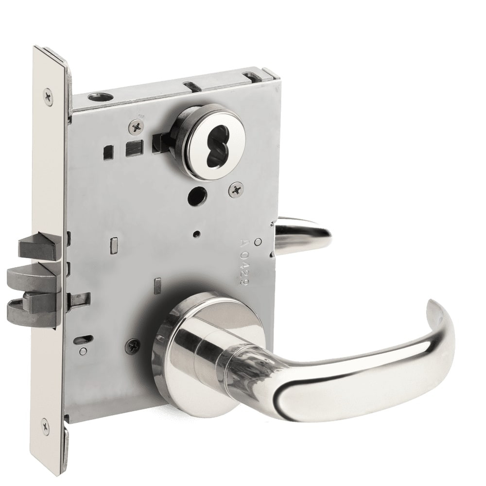 L9080J-17A-629-LX Schlage L Series Storeroom Commercial - Latchbolt Monitor Mortise Lock with 17 Cast Lever Design Prepped for FSIC in Bright Stainless Steel