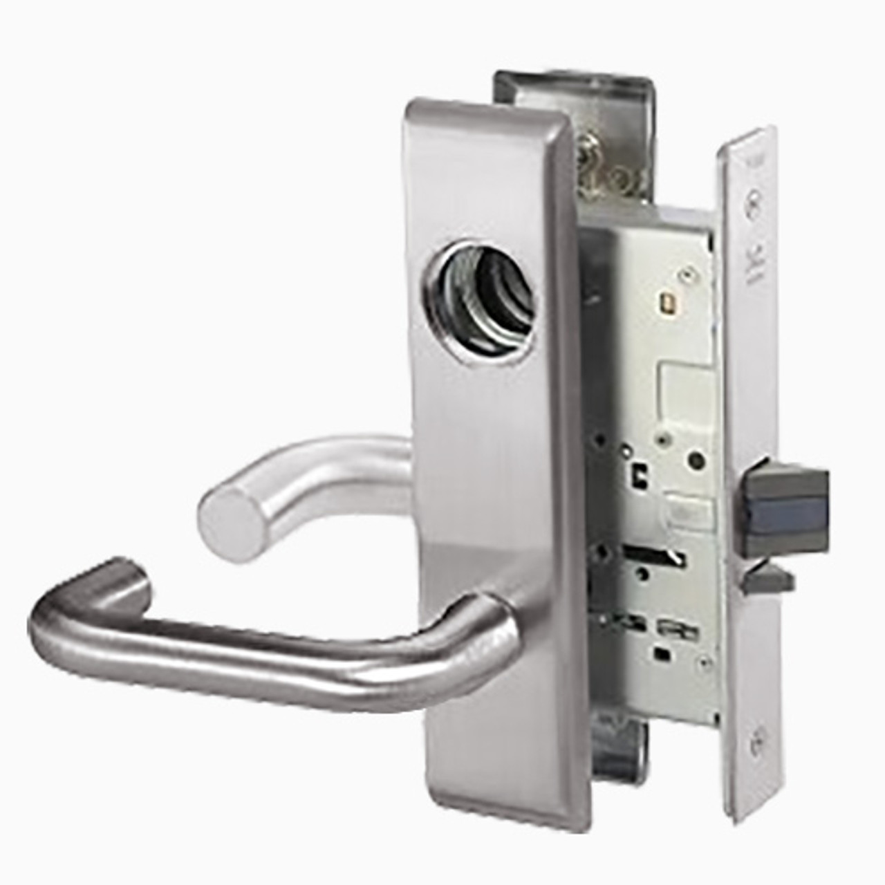 CRCN8823FL-630-ICLC Yale 8800FL Series Single Cylinder with Deadbolt Mortise Storeroom Lock with Indicator with Carmel Lever Lock Prepped LFIC in Satin Stainless Steel