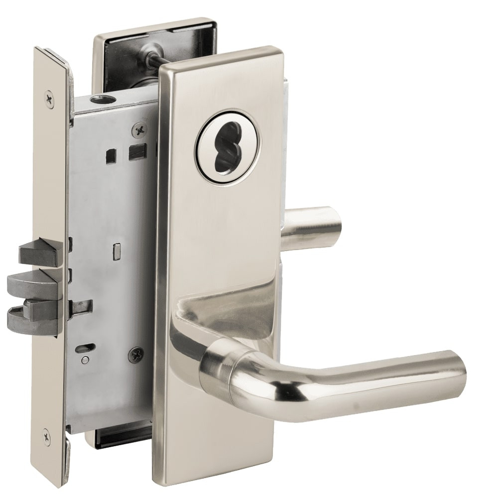 L9080J-02N-629-LX Schlage L Series Storeroom Commercial - Latchbolt Monitor Mortise Lock with 02 Cast Lever Design Prepped for FSIC in Bright Stainless Steel