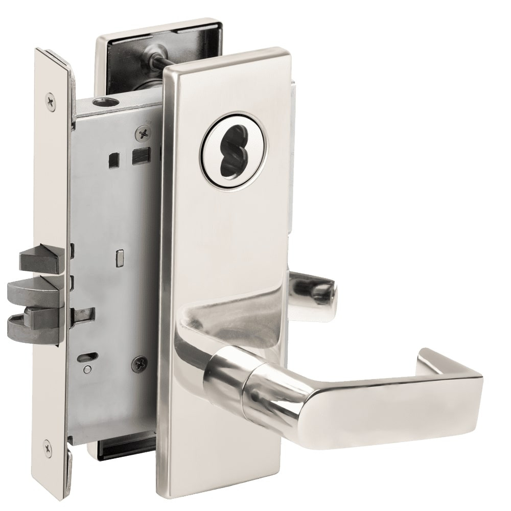 L9080J-06N-629-LX Schlage L Series Storeroom Commercial - Latchbolt Monitor Mortise Lock with 06 Cast Lever Design Prepped for FSIC in Bright Stainless Steel