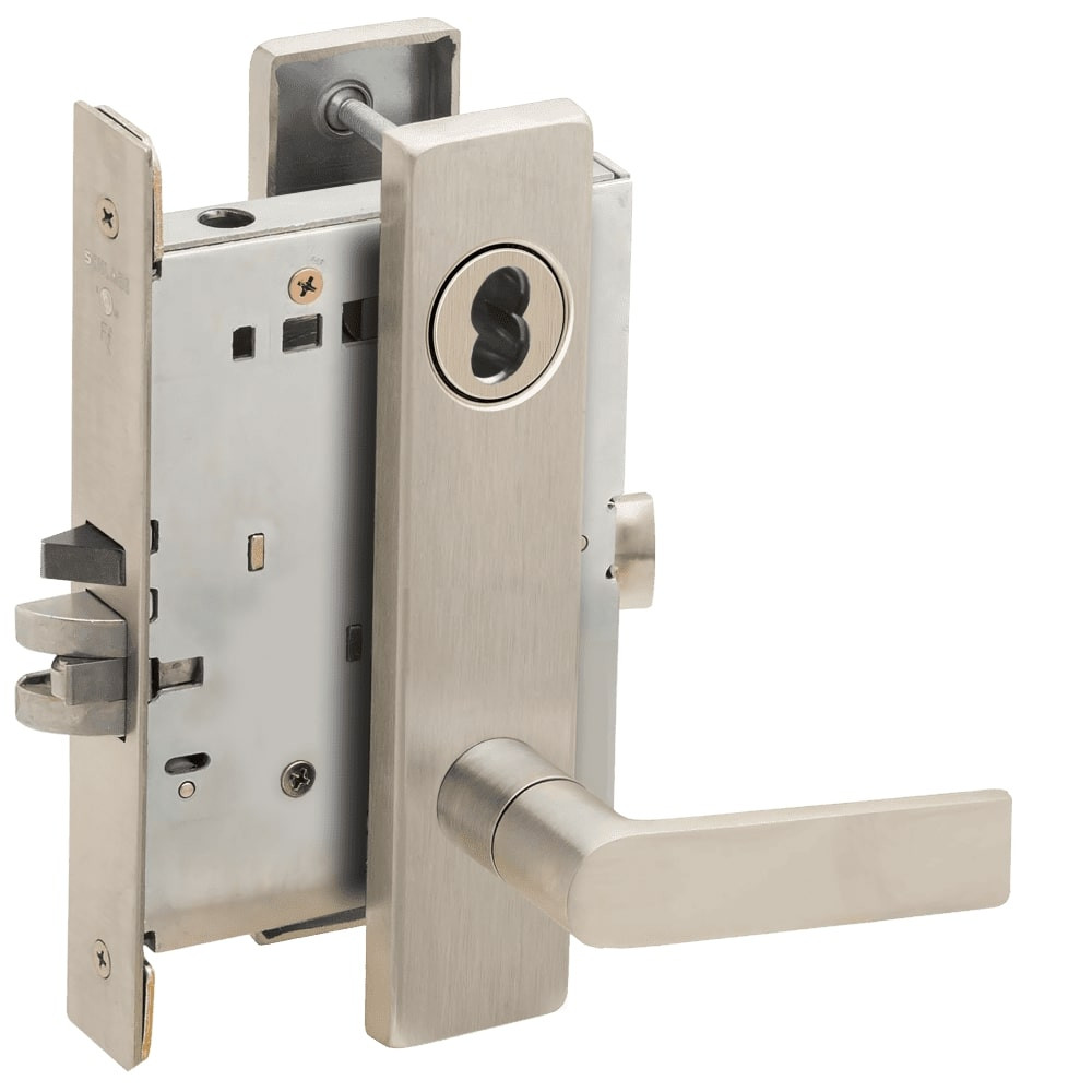 L9080J-01L-619-LX Schlage L Series Storeroom Commercial - Latchbolt Monitor Mortise Lock with 01 Cast Lever Design Prepped for FSIC in Satin Nickel
