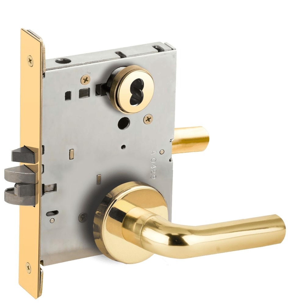 L9080B-02B-605-RX Schlage L Series Storeroom Commercial - Request to Exit Mortise Lock with 02 Cast Lever Design Prepped for SFIC in Bright Brass