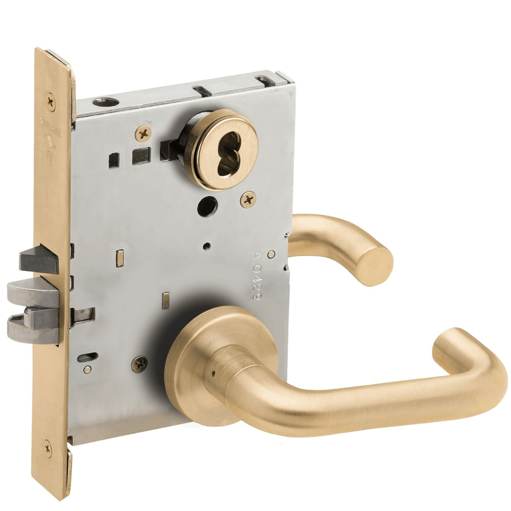 L9080B-03A-606-RX Schlage L Series Storeroom Commercial - Request to Exit Mortise Lock with 03 Cast Lever Design Prepped for SFIC in Satin Brass