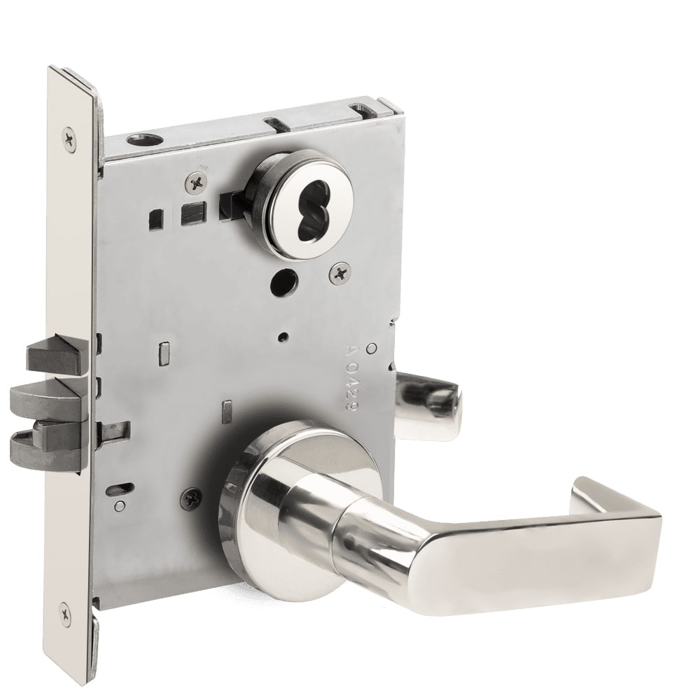 L9080B-06A-629-RX Schlage L Series Storeroom Commercial - Request to Exit Mortise Lock with 06 Cast Lever Design Prepped for SFIC in Bright Stainless Steel