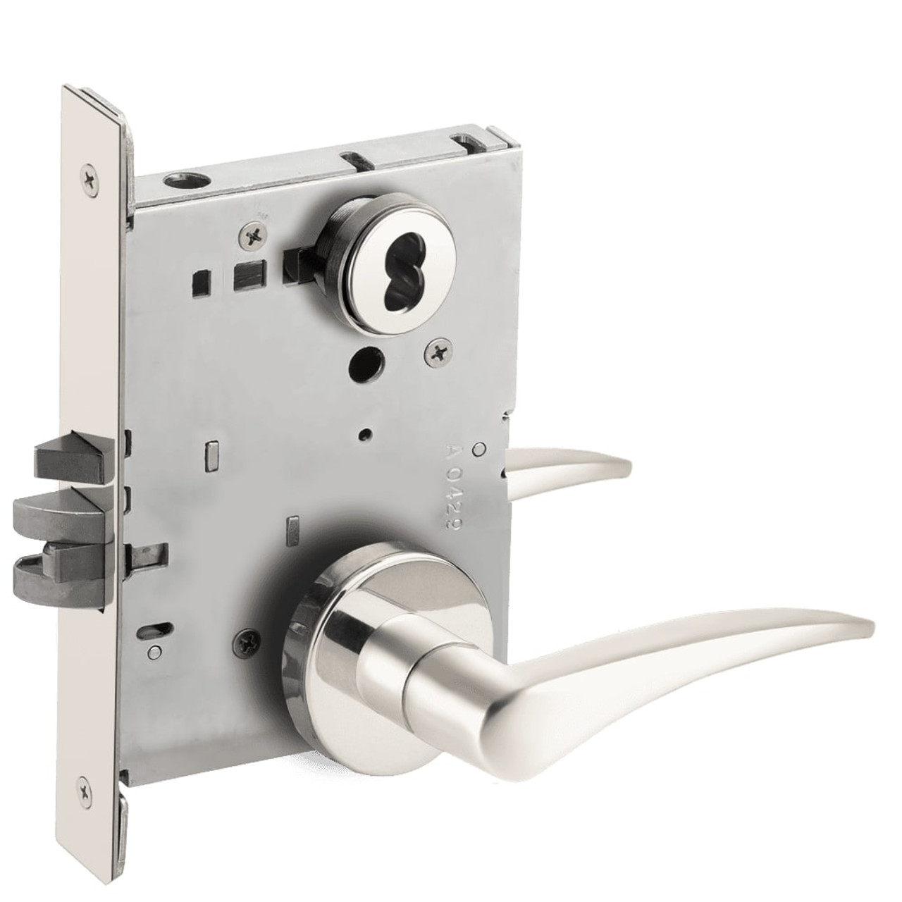 L9080B-12A-629-RH-RX Schlage L Series Storeroom Commercial - Request to Exit Mortise Lock with 12 Cast Lever Design Prepped for SFIC in Bright Stainless Steel