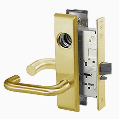 CRCN8867FL-606-SFICLC Yale 8800FL Series Single Cylinder with Deadbolt Mortise Dormitory or Exit Lock with Indicator with Carmel Lever Lock Prepped SFIC in Satin Brass