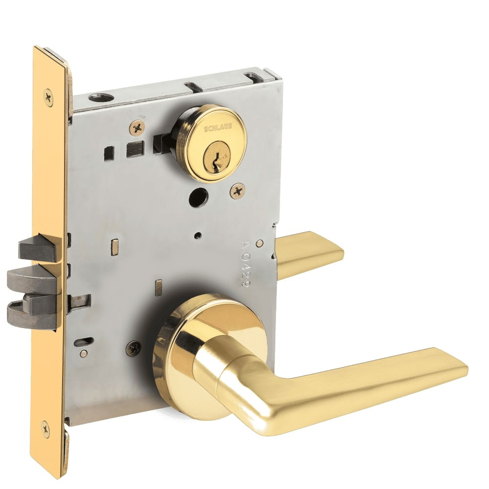 L9070P-05A-605-RX Schlage L Series Classroom Commercial - Request to Exit Mortise Lock with 05 Cast Lever Design in Bright Brass