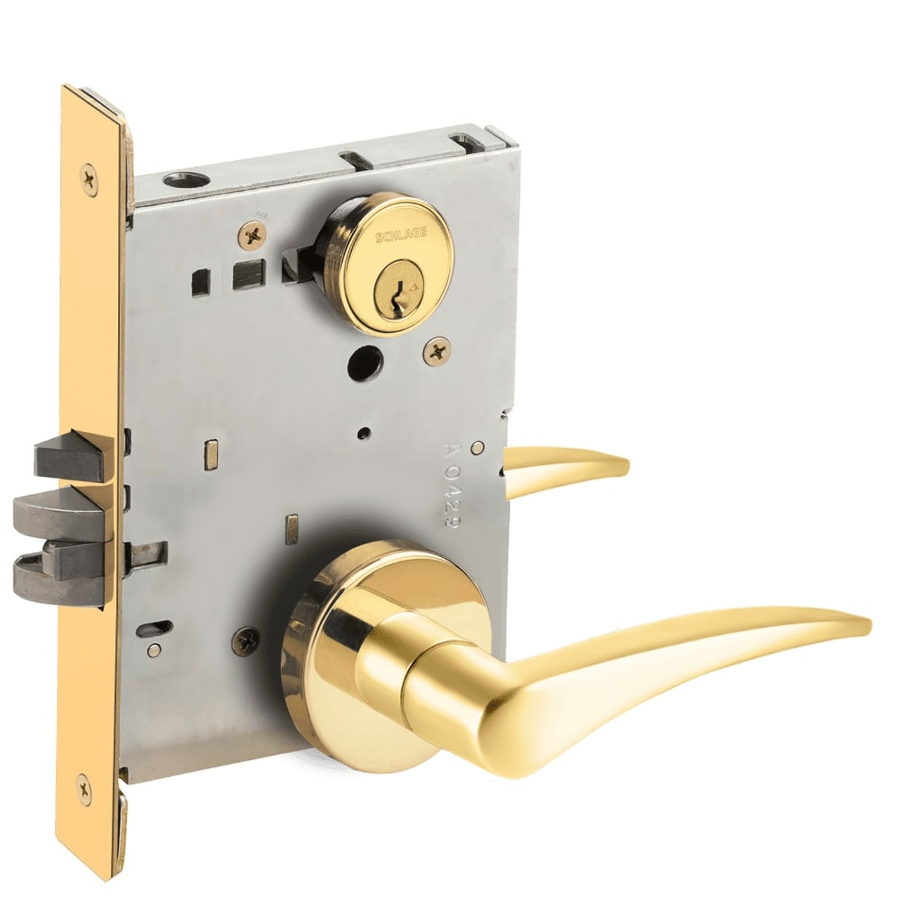 L9070P-12A-605-LH-RX Schlage L Series Classroom Commercial - Request to Exit Mortise Lock with 12 Cast Lever Design in Bright Brass