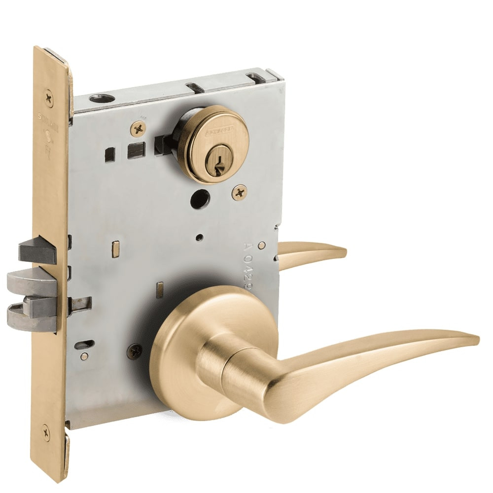 L9070P-12B-606-LH-RX Schlage L Series Classroom Commercial - Request to Exit Mortise Lock with 12 Cast Lever Design in Satin Brass