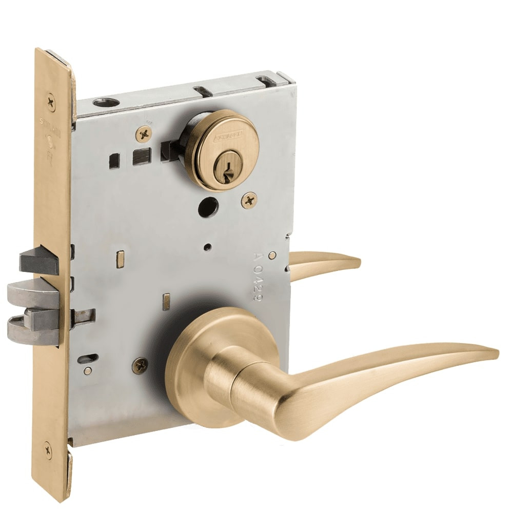 L9070P-12A-606-RH-RX Schlage L Series Classroom Commercial - Request to Exit Mortise Lock with 12 Cast Lever Design in Satin Brass