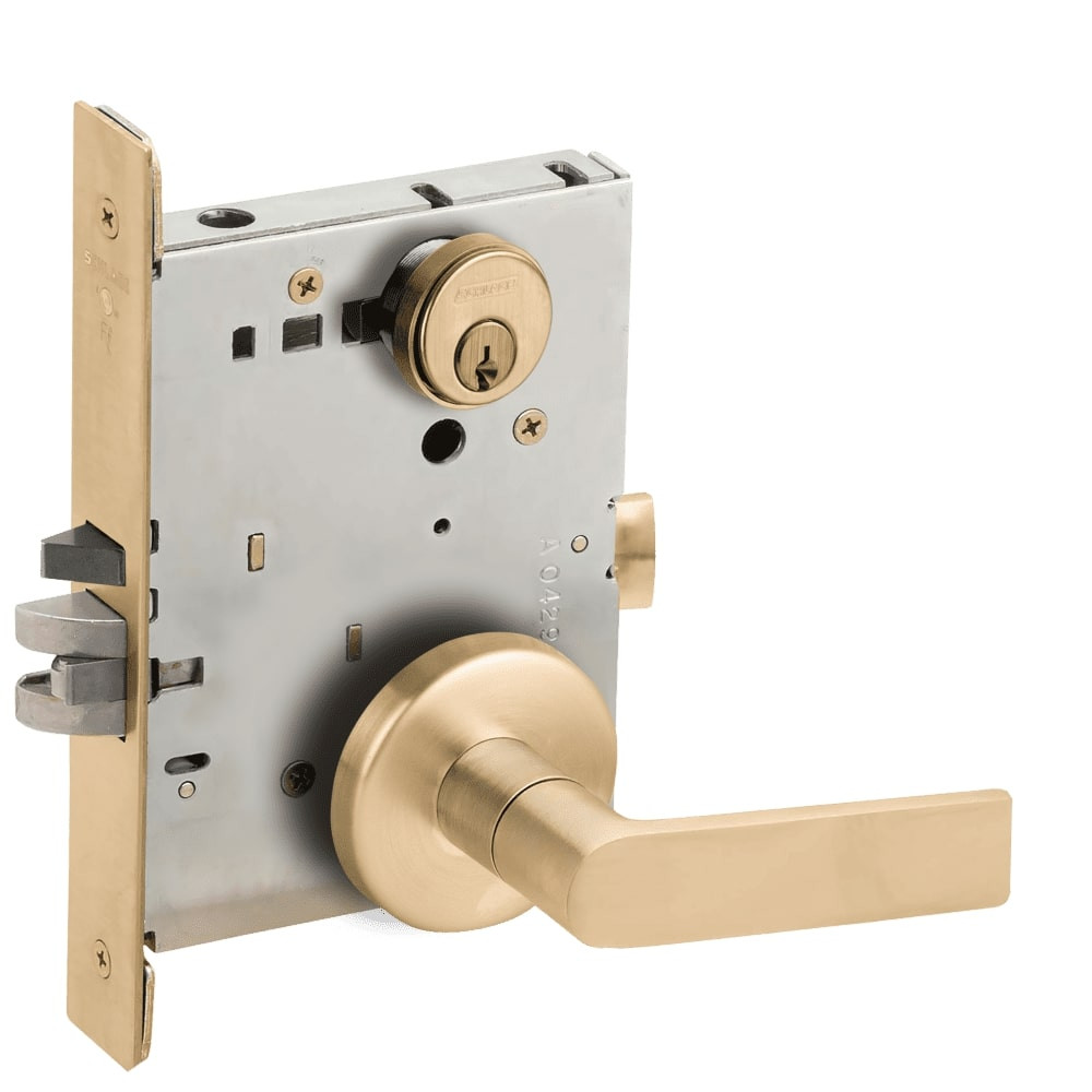 L9070P-01B-606-LX Schlage L Series Classroom Commercial - Latchbolt Monitor Mortise Lock with 01 Cast Lever Design in Satin Brass