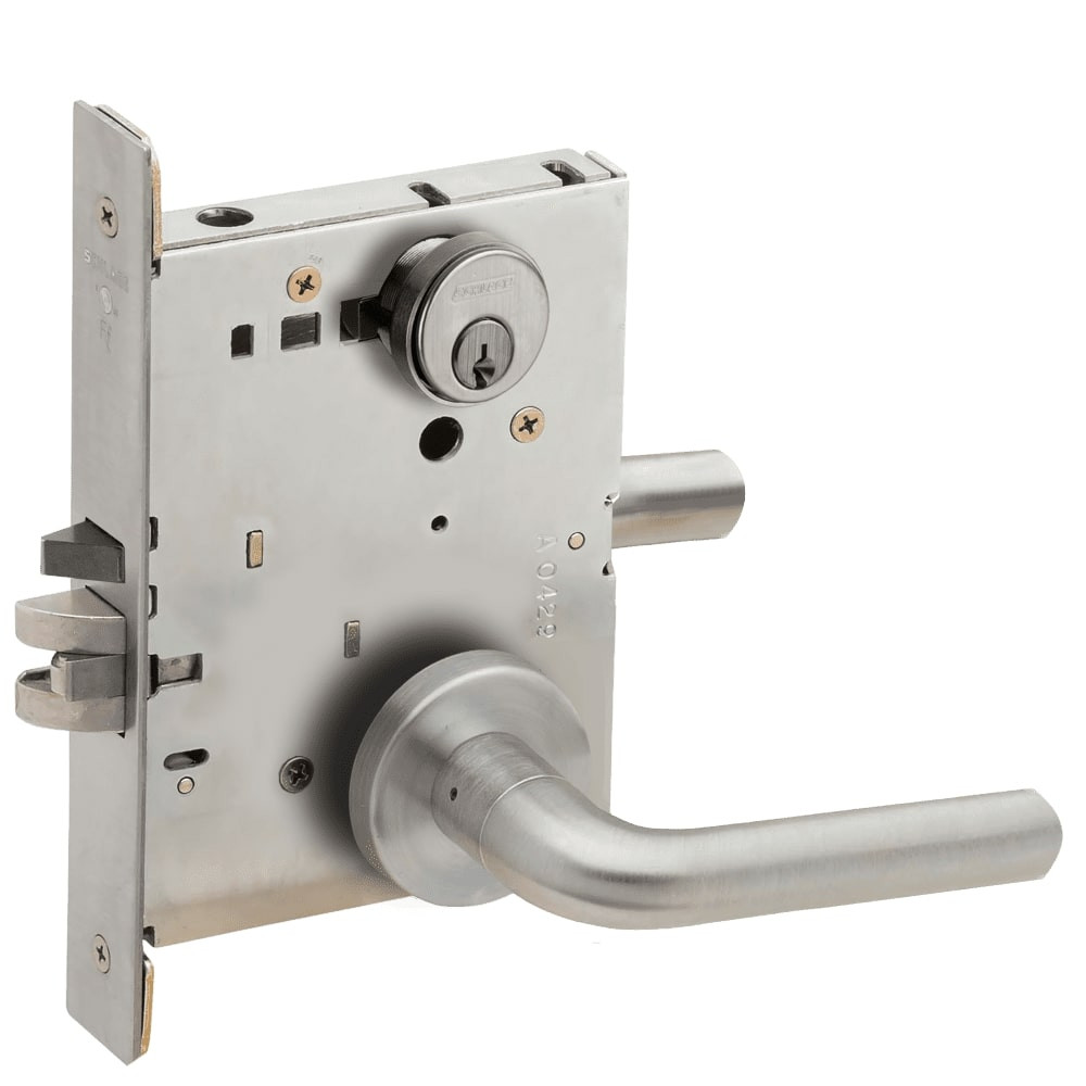 L9070P-02A-630-LX Schlage L Series Classroom Commercial - Latchbolt Monitor Mortise Lock with 02 Cast Lever Design in Satin Stainless Steel