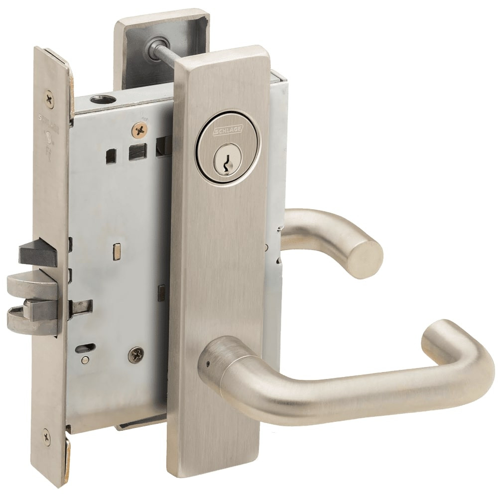 L9070P-03L-619 Schlage L Series Classroom Commercial - Request to Exit Mortise Lock with 03 Cast Lever Design in Satin Nickel
