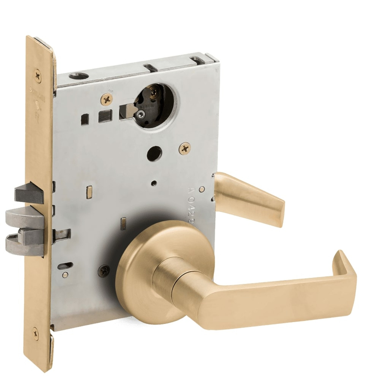 L9070L-06B-606-RX Schlage L Series Less Cylinder Classroom Commercial - Request to Exit Mortise Lock with 06 Cast Lever Design in Satin Brass
