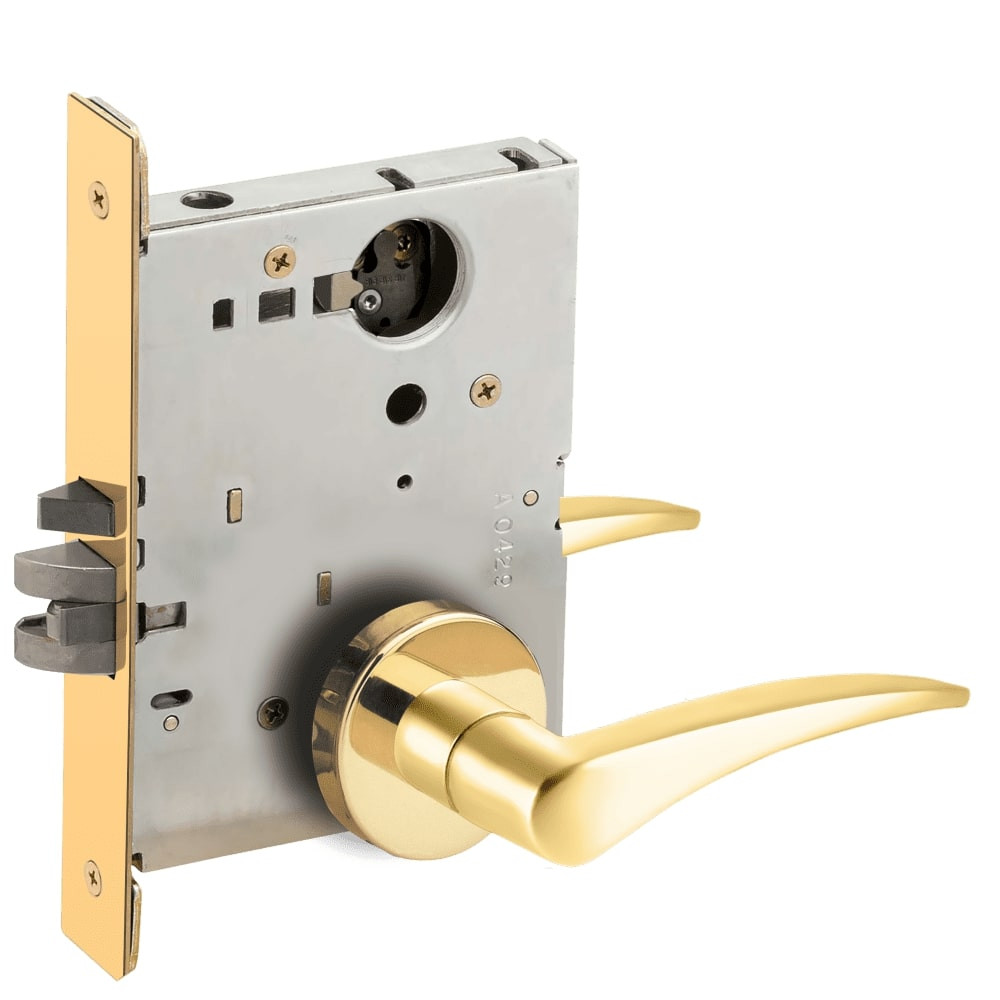 L9070L-12A-605-LH-RX Schlage L Series Less Cylinder Classroom Commercial - Request to Exit Mortise Lock with 12 Cast Lever Design in Bright Brass