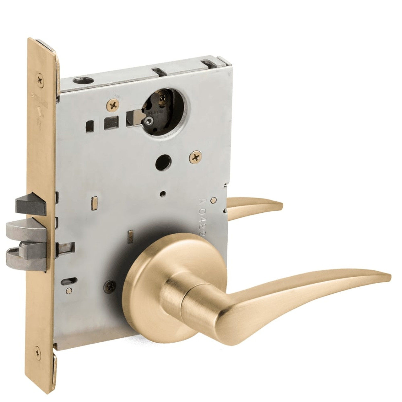 L9070L-12B-606-LH-RX Schlage L Series Less Cylinder Classroom Commercial - Request to Exit Mortise Lock with 12 Cast Lever Design in Satin Brass