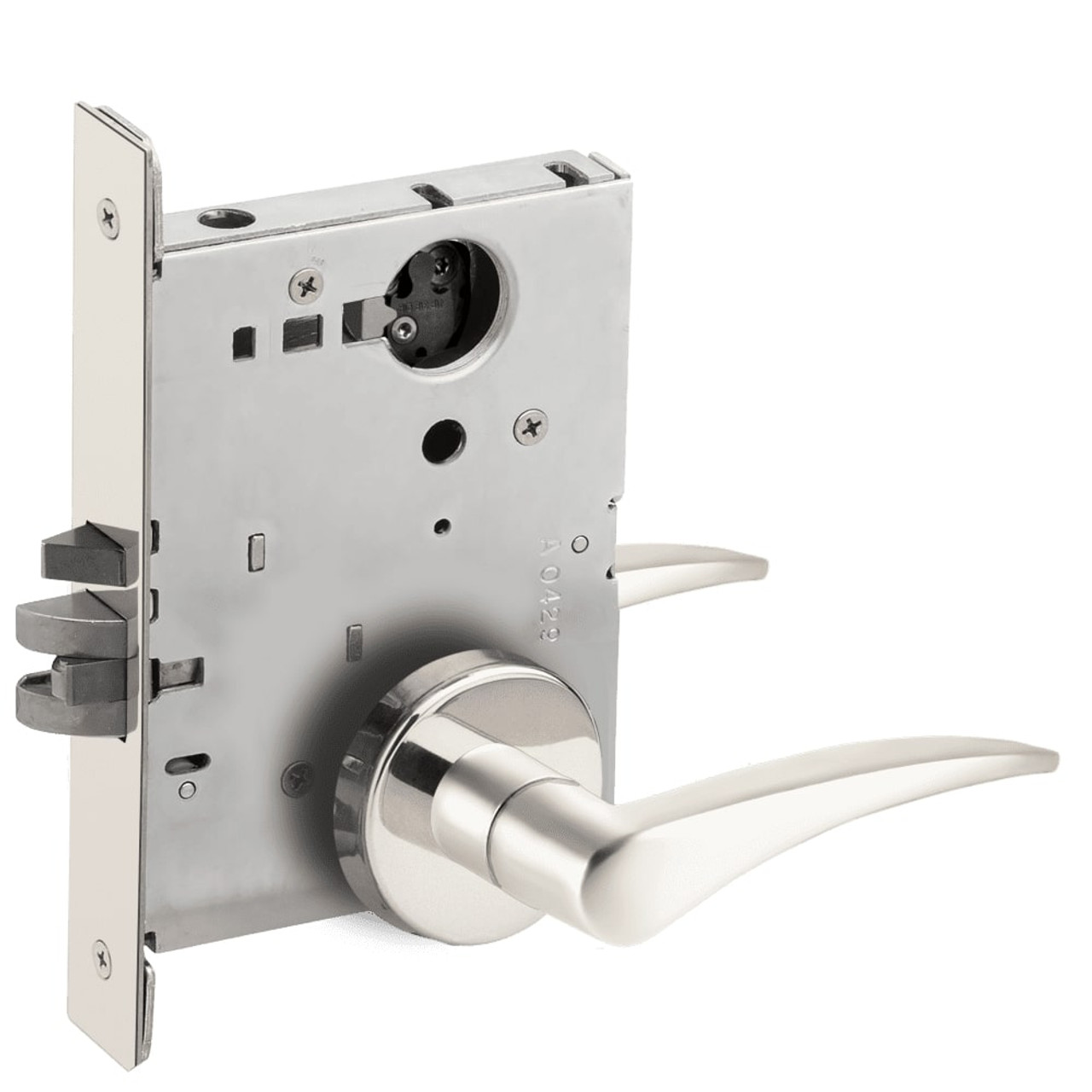 L9070L-12B-629-LH-RX Schlage L Series Less Cylinder Classroom Commercial - Request to Exit Mortise Lock with 12 Cast Lever Design in Bright Stainless Steel