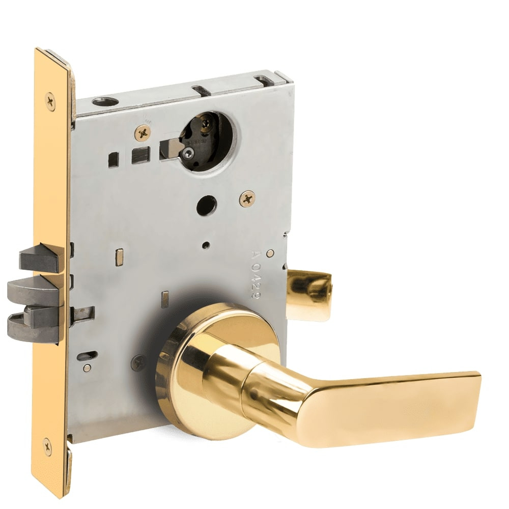 L9070L-01B-605-LX Schlage L Series Less Cylinder Classroom Commercial - Latchbolt Monitor Mortise Lock with 01 Cast Lever Design in Bright Brass