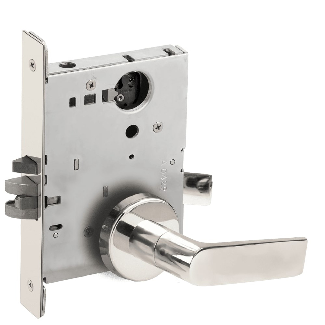 L9070L-01B-629-LX Schlage L Series Less Cylinder Classroom Commercial - Latchbolt Monitor Mortise Lock with 01 Cast Lever Design in Bright Stainless Steel