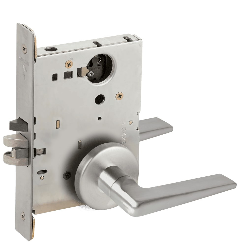 L9070L-05B-630-LX Schlage L Series Less Cylinder Classroom Commercial - Latchbolt Monitor Mortise Lock with 05 Cast Lever Design in Satin Stainless Steel