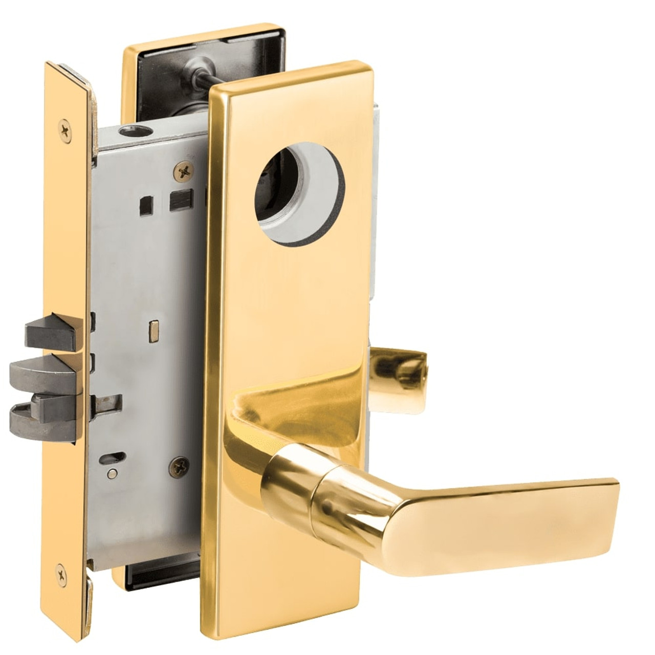 L9070L-01N-605-RX Schlage L Series Less Cylinder Classroom Commercial - Request to Exit Mortise Lock with 01 Cast Lever Design in Bright Brass
