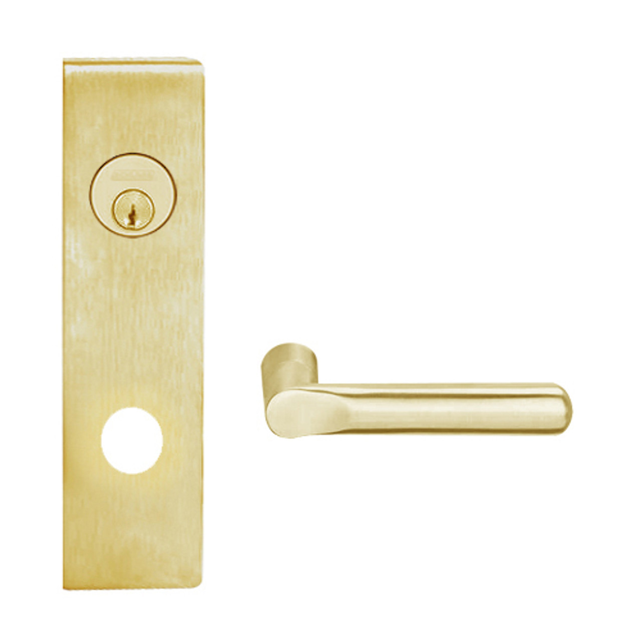 L9070L-18N-606-RX Schlage L Series Less Cylinder Classroom Commercial - Request to Exit Mortise Lock with 18 Cast Lever Design in Satin Brass