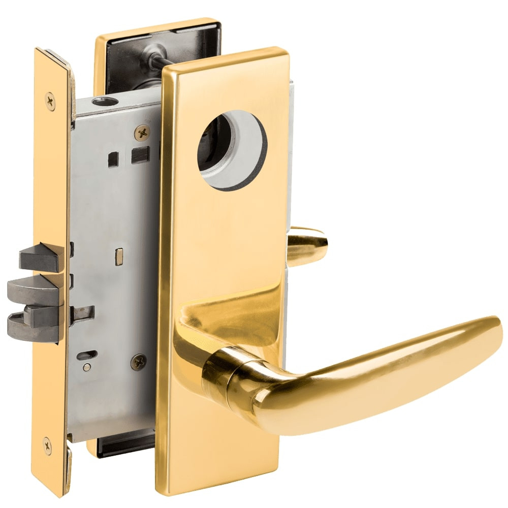 L9070L-07N-605-RX Schlage L Series Less Cylinder Classroom Commercial - Request to Exit Mortise Lock with 07 Cast Lever Design in Bright Brass