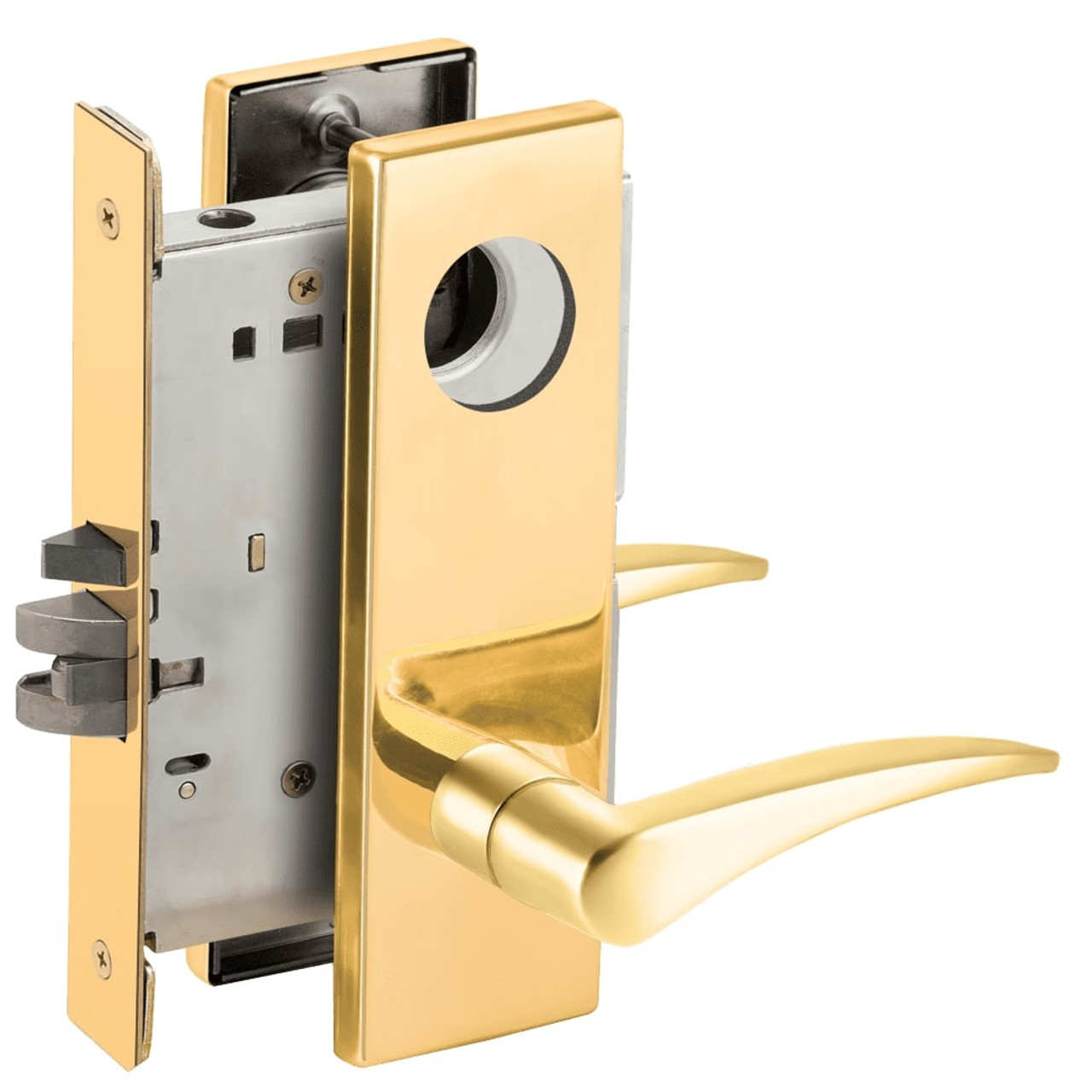 L9070L-12N-605-LH-RX Schlage L Series Less Cylinder Classroom Commercial - Request to Exit Mortise Lock with 12 Cast Lever Design in Bright Brass