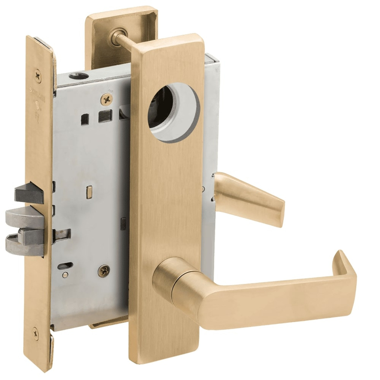 L9070L-06L-606-RX Schlage L Series Less Cylinder Classroom Commercial - Request to Exit Mortise Lock with 06 Cast Lever Design in Satin Brass