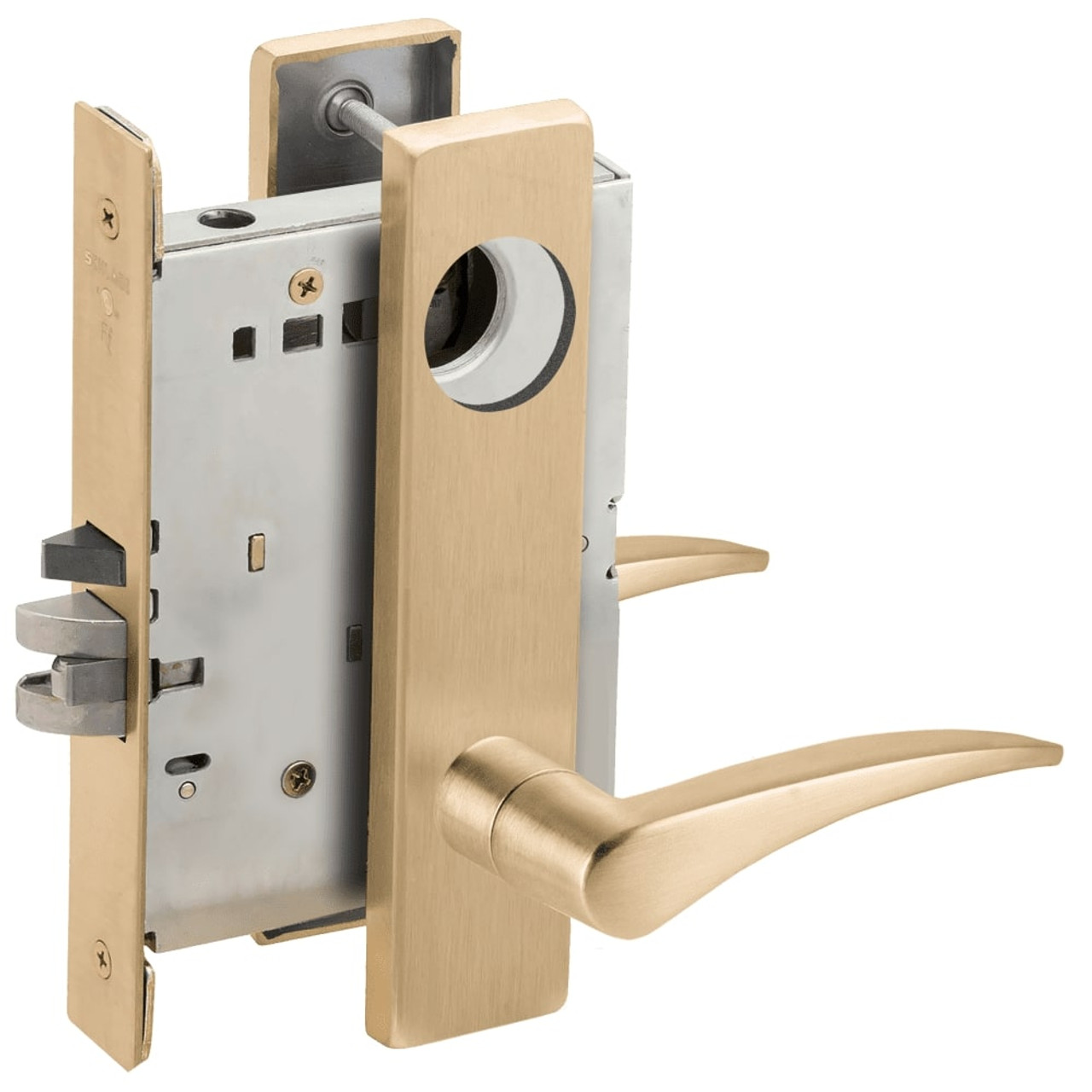 L9070L-12L-606-LH-RX Schlage L Series Less Cylinder Classroom Commercial - Request to Exit Mortise Lock with 12 Cast Lever Design in Satin Brass