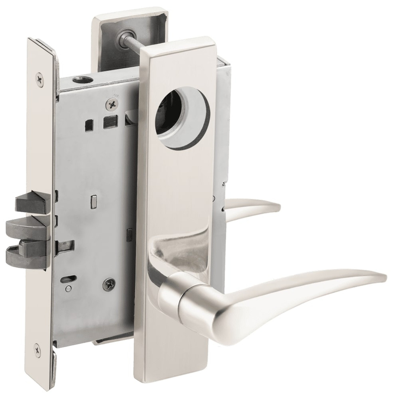 L9070L-12L-629-LH-RX Schlage L Series Less Cylinder Classroom Commercial - Request to Exit Mortise Lock with 12 Cast Lever Design in Bright Stainless Steel