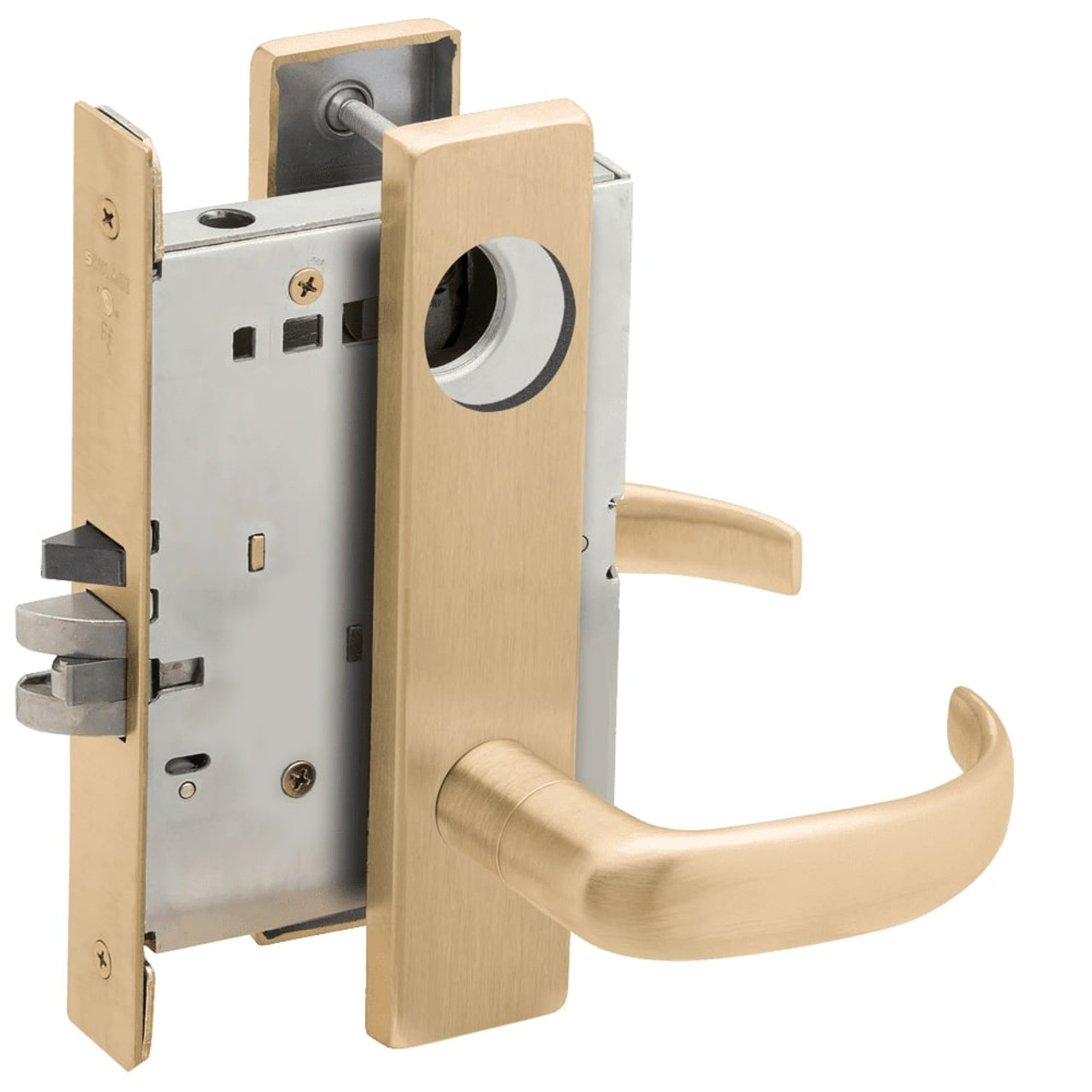 L9070L-17L-606-RX Schlage L Series Less Cylinder Classroom Commercial - Request to Exit Mortise Lock with 17 Cast Lever Design in Satin Brass