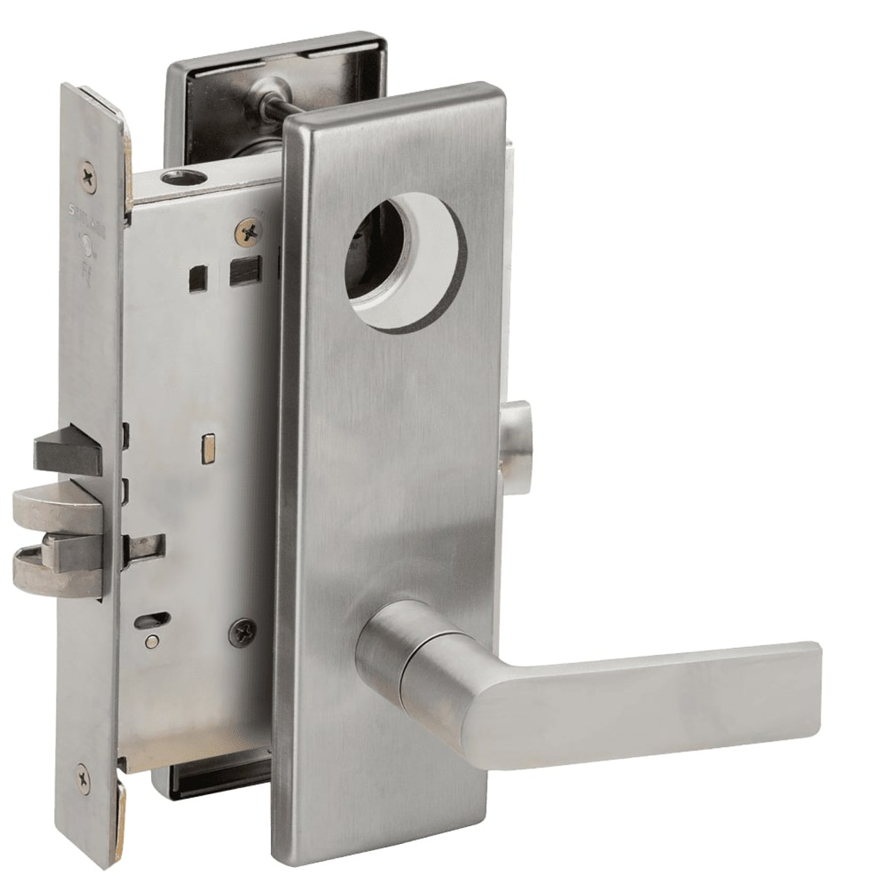 L9070L-01N-626-LX Schlage L Series Less Cylinder Classroom Commercial - Latchbolt Monitor Mortise Lock with 01 Cast Lever Design in Satin Chrome