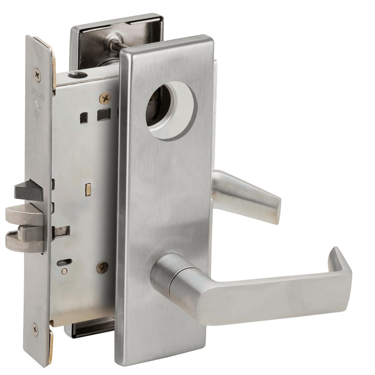 L9070L-06N-626-LX Schlage L Series Less Cylinder Classroom Commercial - Latchbolt Monitor Mortise Lock with 06 Cast Lever Design in Satin Chrome