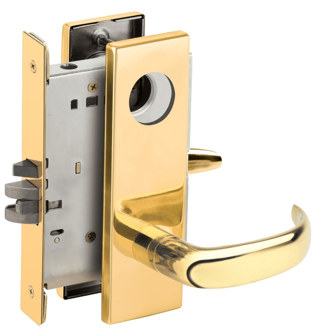 L9070L-17N-605-LX Schlage L Series Less Cylinder Classroom Commercial - Latchbolt Monitor Mortise Lock with 17 Cast Lever Design in Bright Brass