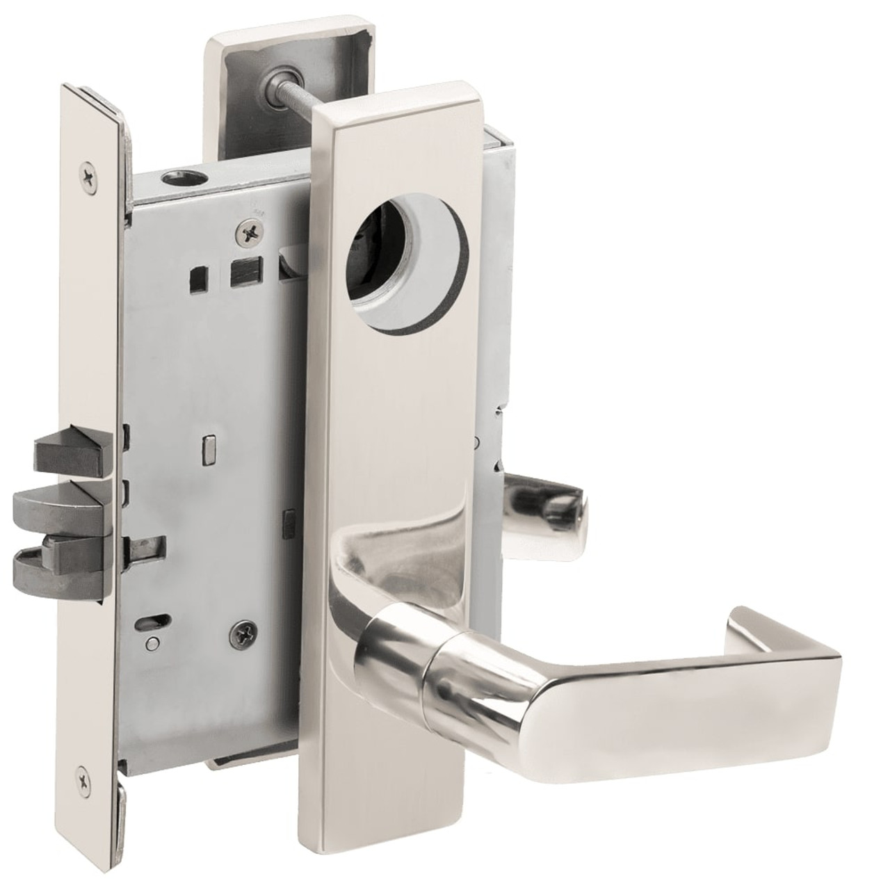 L9070L-06L-629-LX Schlage L Series Less Cylinder Classroom Commercial - Latchbolt Monitor Mortise Lock with 06 Cast Lever Design in Bright Stainless Steel